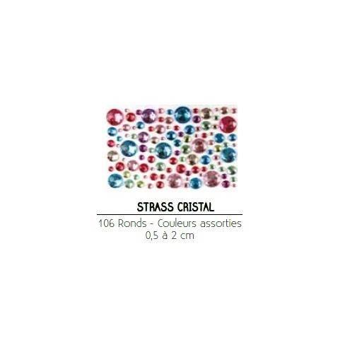 Set de 106 strass cristal adhésifs forme rond couleurs assorties - diam. 0,5 à 2 cm