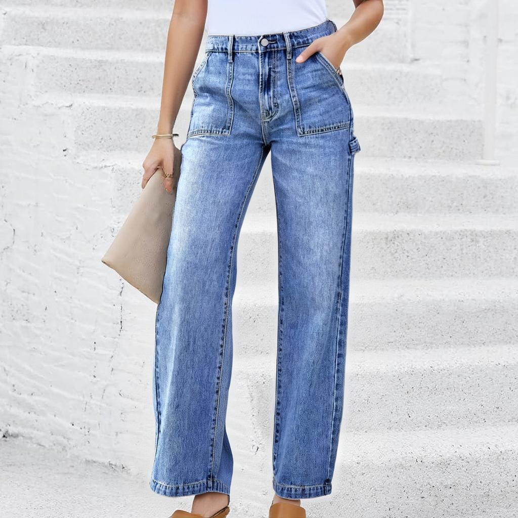 Women's Mid- Stretch Jeans Fashion Straight Leg Denim Pants With Pockets