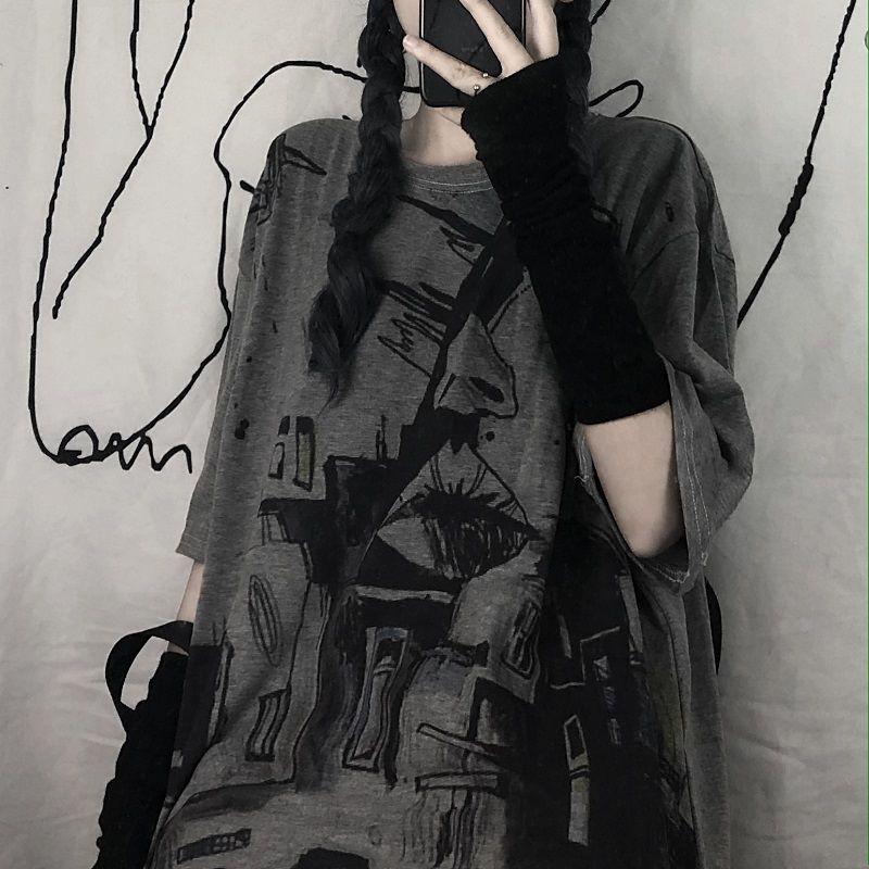 Vintage Gothic Harajuku Graffiti T-shirt Women Streetwear Short Sleeve Korean Style Oversized Graphic Tees Summer
