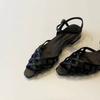 Cowhide version~ French woven hollow pointed open-toed one-word sandals women's new summer thick-heeled Roman shoes