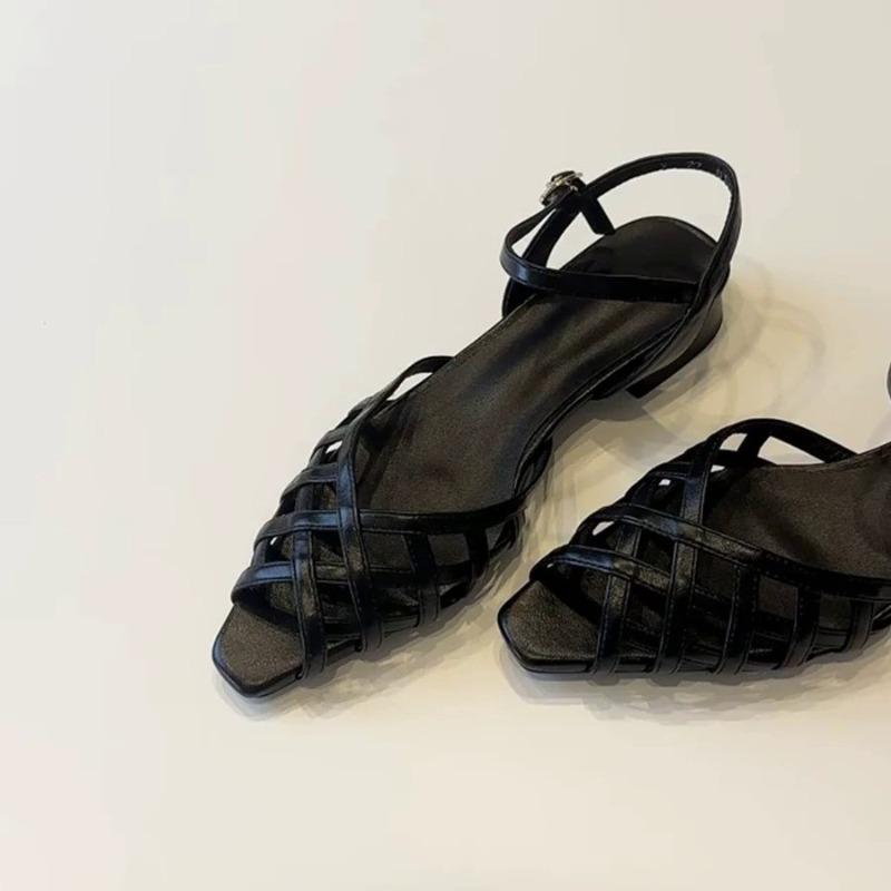 Cowhide version~ French woven hollow pointed open-toed one-word sandals women's new summer thick-heeled Roman shoes
