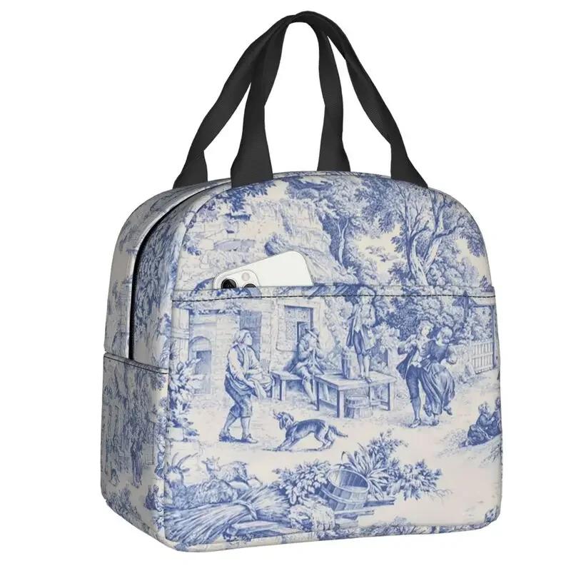 Geantă de prânz izolată cu motiv Toile De Jouy albastru marin pentru școală, birou, cutie termică, pentru femei, recipient pentru alimente, genți tote