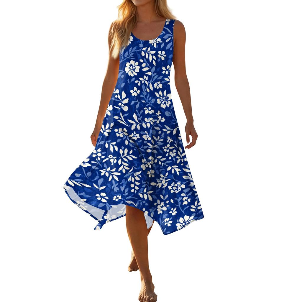 Women Sleeveless Casual Floral Print Dress Round Neck Irregular Hem Mid Length Summer Dress
