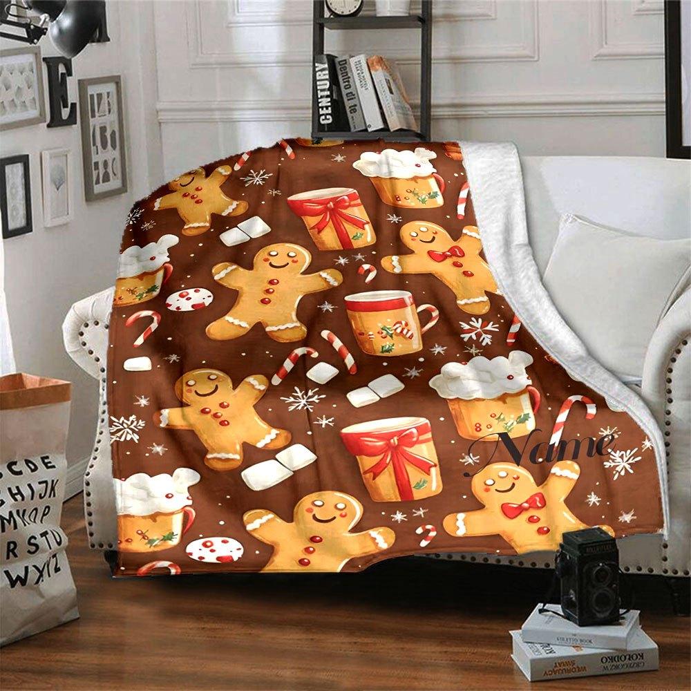 Gingerbread Men And Holiday Drinks Home Customize Your Name Blankets Soft And Cozy With Lightweight Design Perfect For Picnics Sofa Office Bed Living
