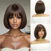 European and American Fashionable Women's Short Straight Bob Wig, Brown Bangs High Temperature Silk Wig Headband