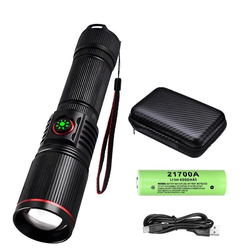 Powerful LED White Laser Flashlight 18650 or 21700 Battery Aluminum Alloy Zoom Torch Light Lamp with Tail Rope Power Indicator