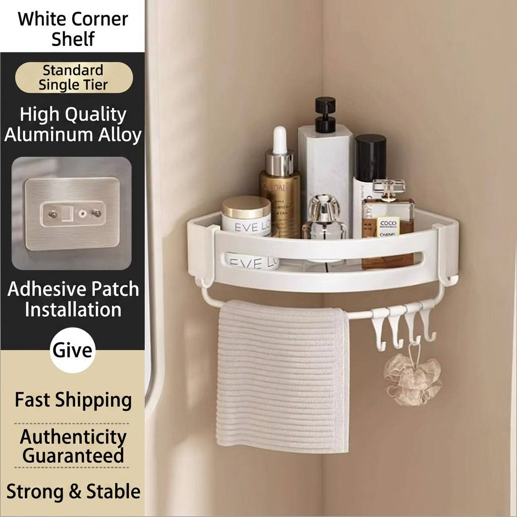 No-drill Triangle Bathroom Shelf, Wall-mounted Storage Rack for Washing Room and Toilet, Cream Style