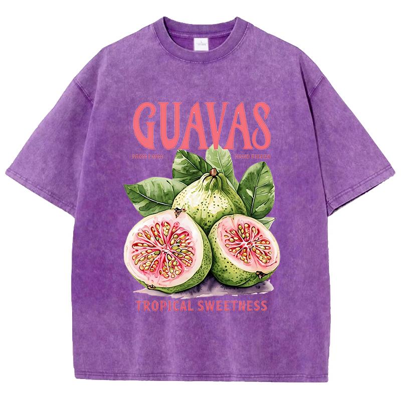 Guavas Tropical Sweetness Printed Washed T Shirts Womens Cotton Tops Comfortable Distressed ONeck Streetwear Summer Clothes