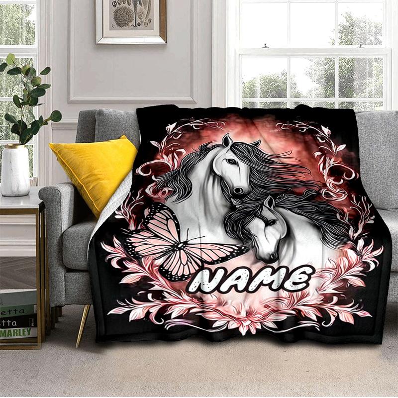 1PC Custom Name Horses Butterflies Artwork Flannel Blankets Patterns Throw Blanket All-Season Soft Gift for Couch, Bed, Camping Gifts