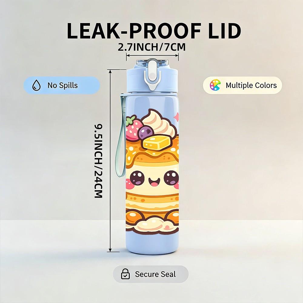 1PC Sweet Pancake Breakfast Art 750ml Color Plastic Sports Water Bottle Leakproof Flip Straw Lid Suitable for Sports Office Home Use
