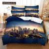 New York Duvet Cover NYC That Never Sleeps Reflection On Manhattan East River City Night Scene Room Decorative Bedding Pink Blue