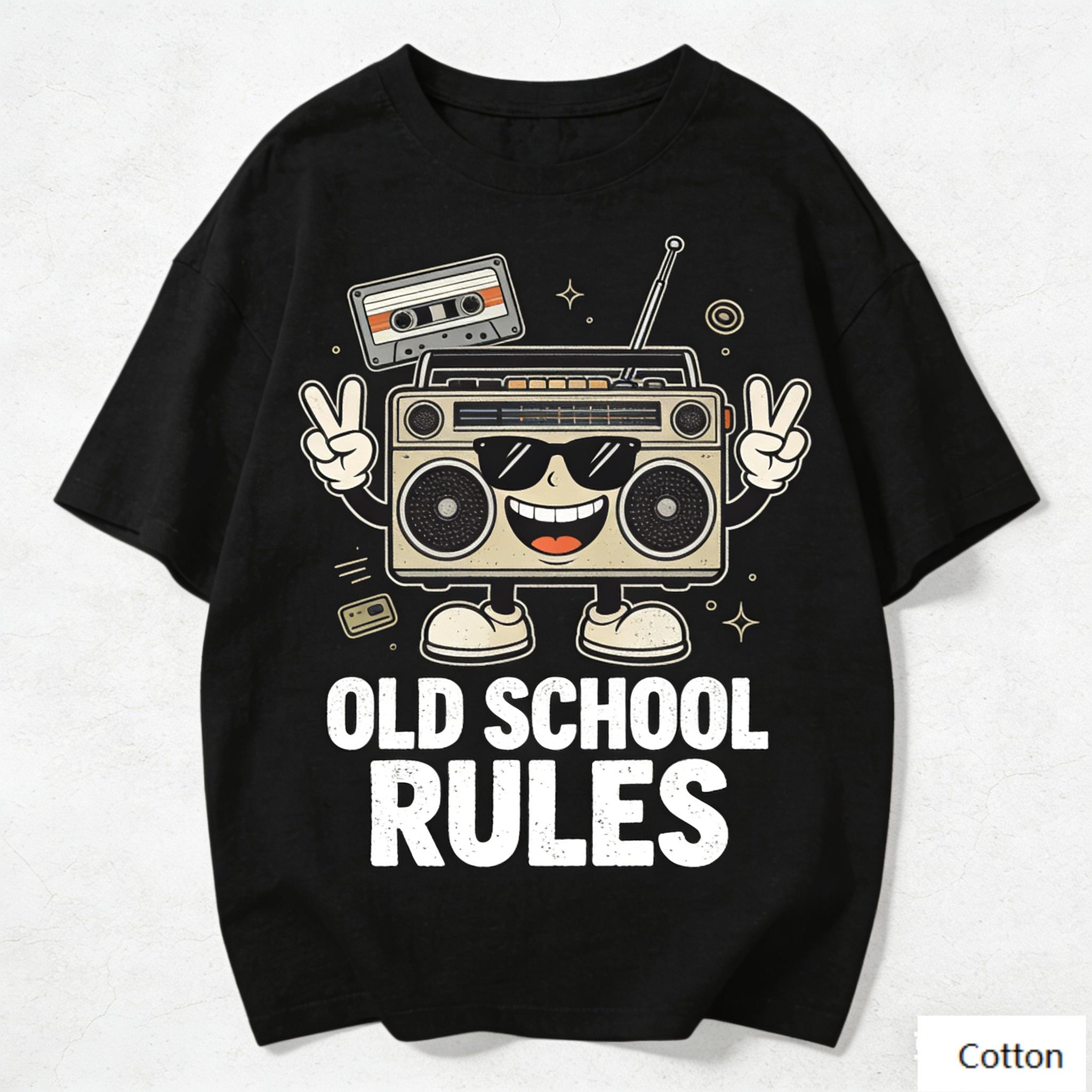

Oversized Black Cotton TShirt with Bold Retro Boombox Cartoon Graphic Unisex Streetwear Tee for Unisex and Women S
