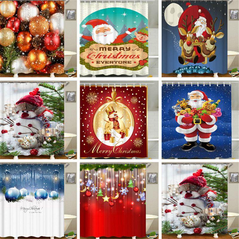 Christmas Curtain Shower With Hook Xmas Bathroom Decoration Santa Claus Snowman