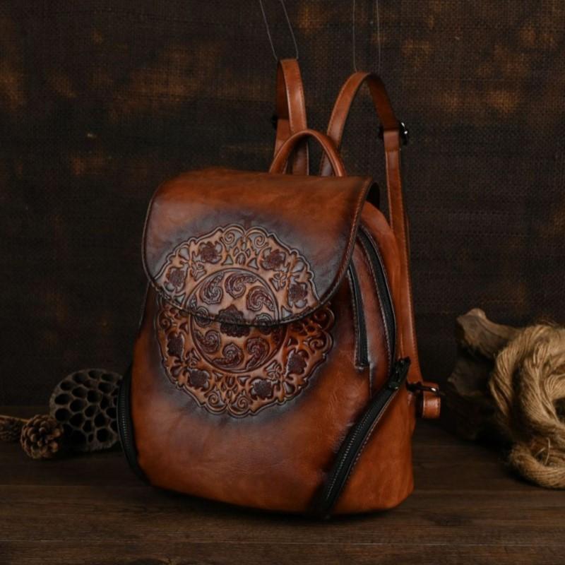 Johnature Vintage cestovní tašky, ručně vyráběné totemové reliéfní velkokapacitní všestranný dámský batoh