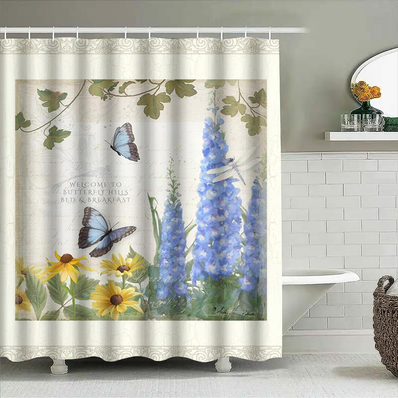 High-Quality Floral Shower Curtain With Rustic Bathroom Decor In Blue Yellow Colors Printed Fabric Waterproof Washable For Home