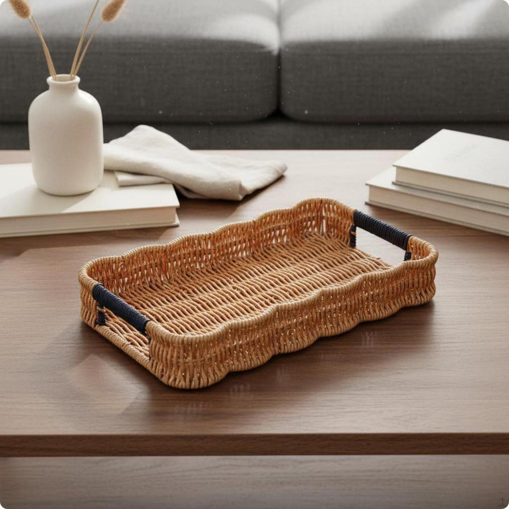 Woven Fruit Basket Undulating Rattan Snack Tray Easy to Carry Decorative 30195cm
