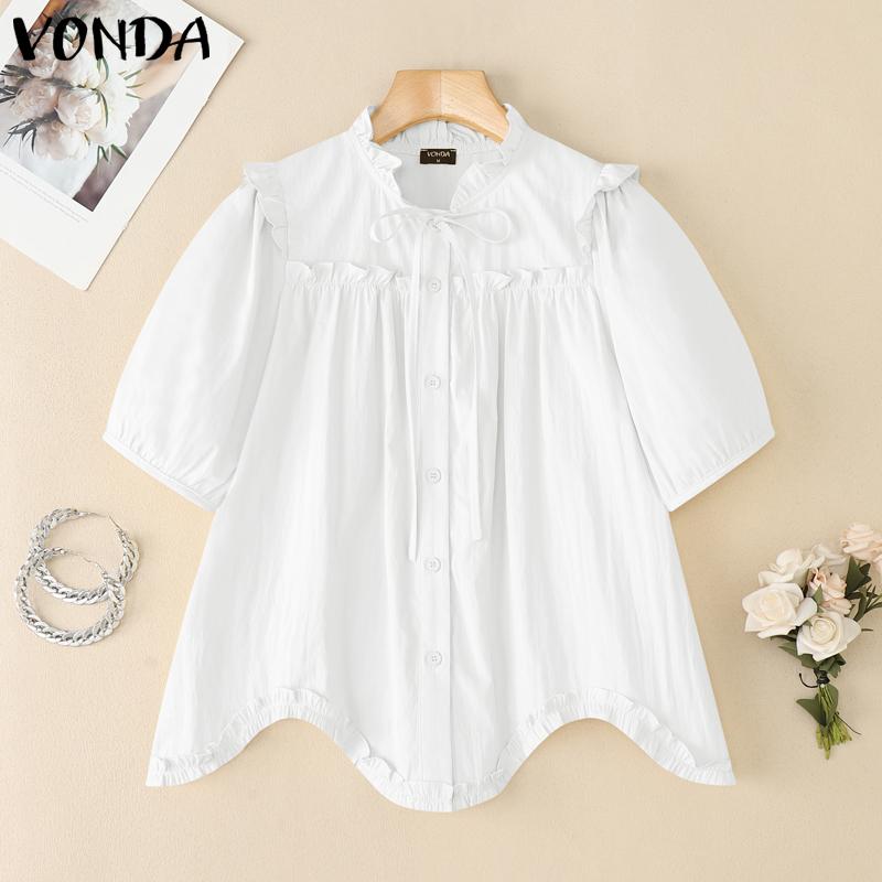 VONDA Women Ruffled Lace-up Neck Short Sleeve Casual Long Blouse