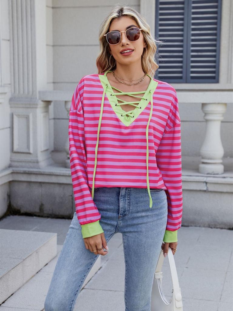 Spring/Summer New Style Striped V-Neck Sweatshirt with Tying Long Sleeve for Women