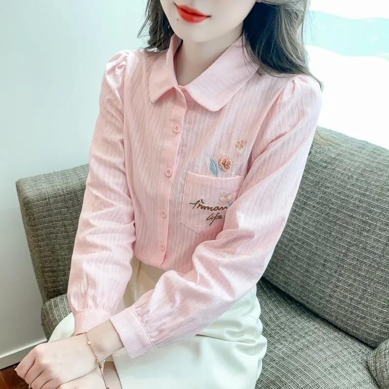 

Women s Light Blue Embroidered Cotton Shirt Peter Pan Collar Puff Sleeve Button Down Blouse S розовый