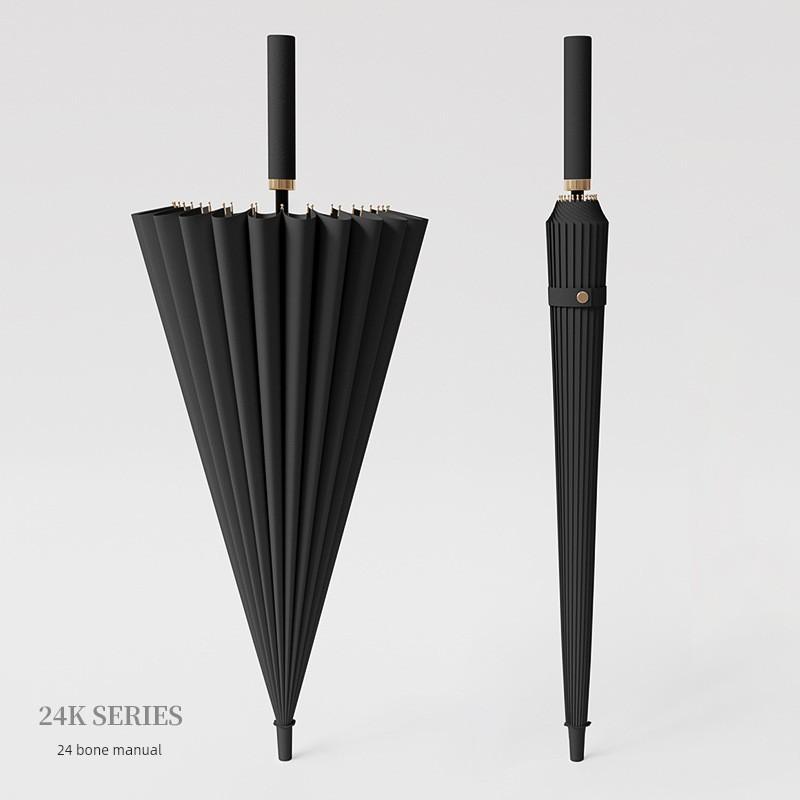 24-Rib Long-Handle Umbrella, Large Automatic Reinforced Heavy Rain-Resistant Windproof Black Business Straight Umbrella