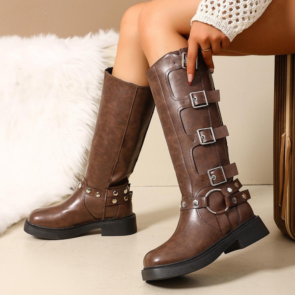 Braune lange Damenstiefel 2025 neue beliebte Retro-Cowboystiefel lange Stiefel mittelhohe Schaft hohe Ritterstiefel Hosenstiefel