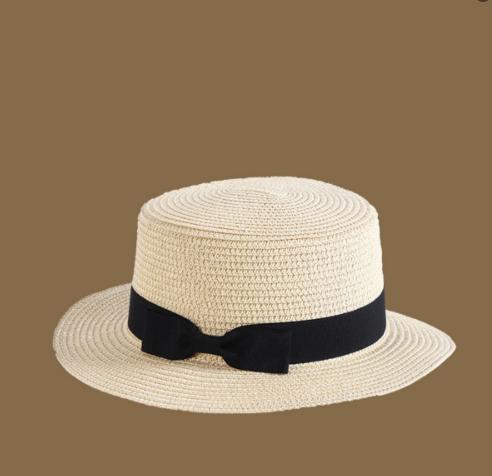 Women Summer Beach Flat Top Hat Panama Bowknot Straw Hat Casual Sun Visor Cap