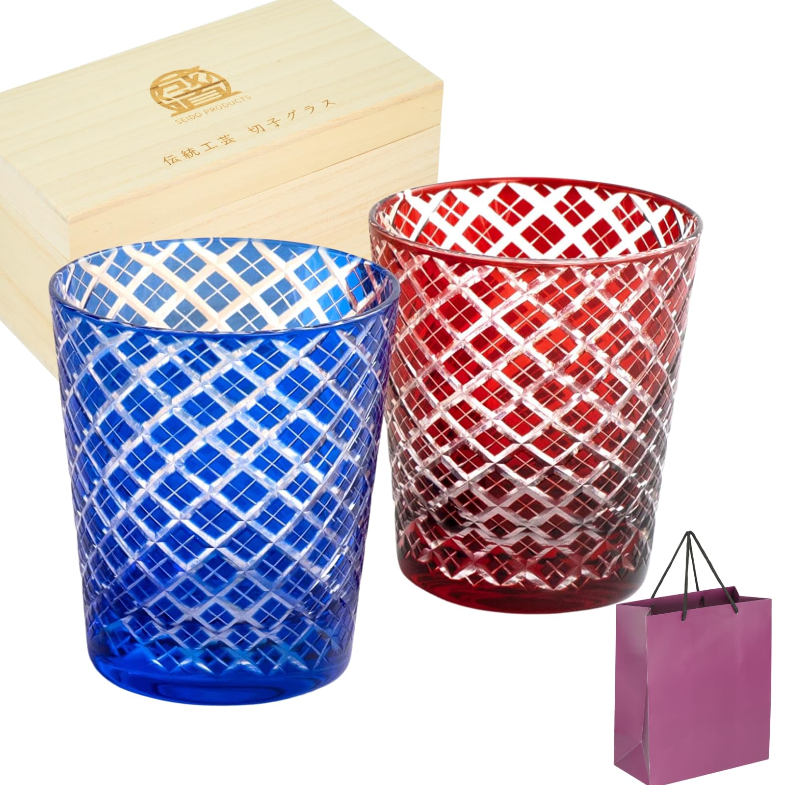 

SEIDO Cut Glass Pair Rock Old Fashioned Shochu Made in in a Paulownia Wood Yarai Design Set Glasses, Glasses, Glasses, Japan, High-Quality Box,