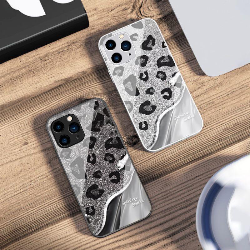 Leopard Sequin Snake For IPhone 16 Pro Max 15 Pro 14 13 12 Mini 11 XS Max XR 7 8 Plu SE 2022 Tempered Glass Phone Case