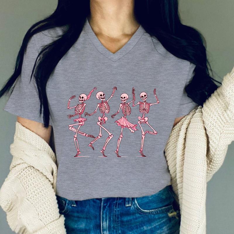 Dancing Skeletons Halloween Women Tshirts Round Neck Pink Skeleton Print Funny Women Clothing Cute Skeletons Halloween TShirt