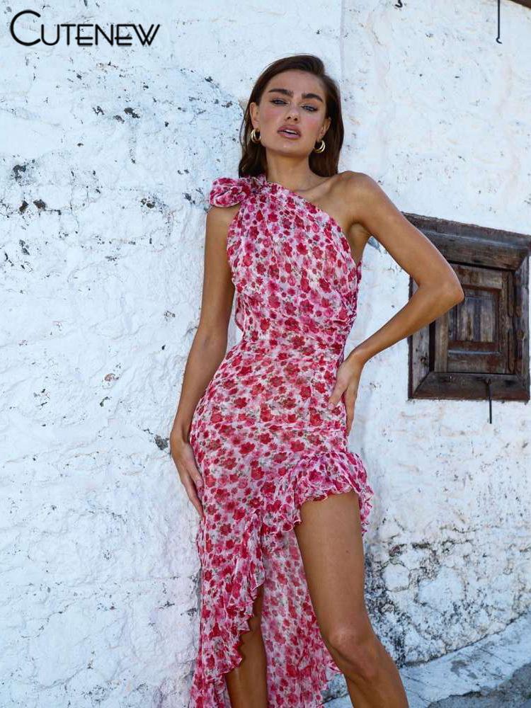 Floral Print Women Midi Dresses Fashion Incline Shoulder Bandage Ruffle Splited Vestidos Female Vacation Street Bodycon