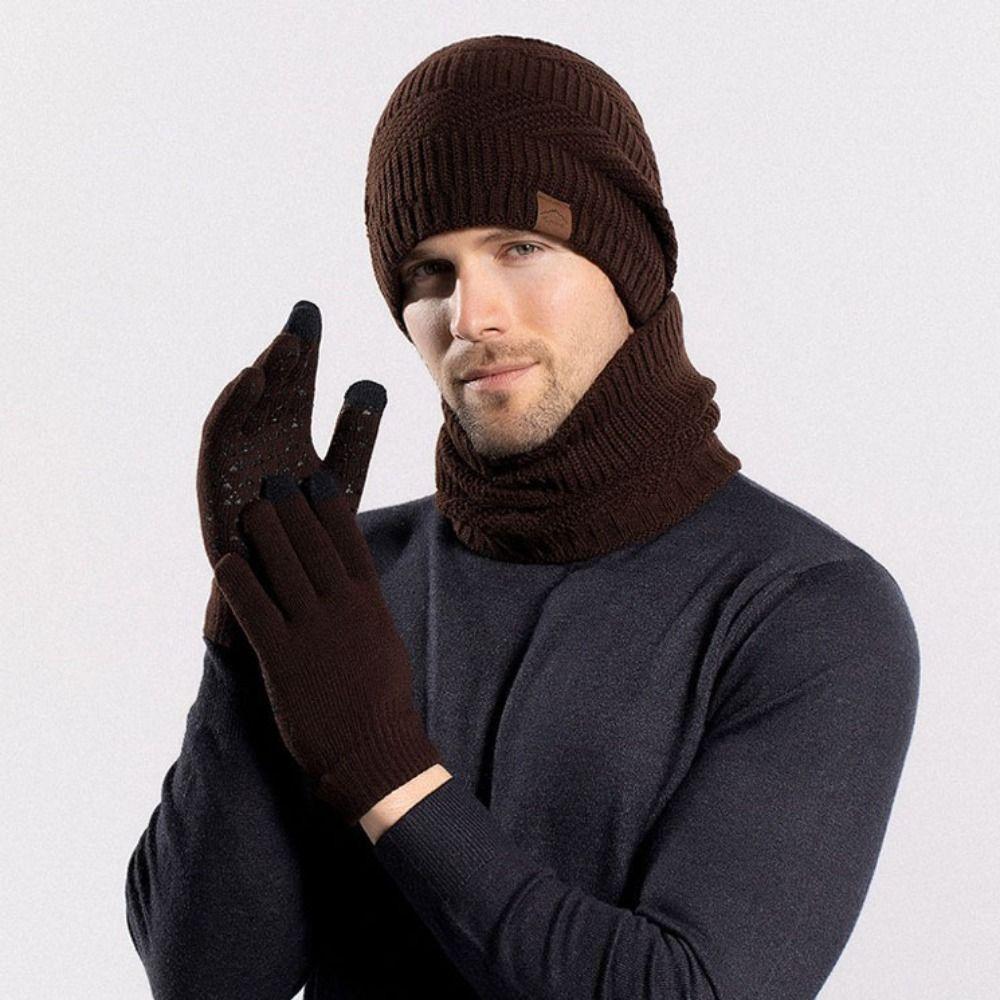 3pcs Solid Color Thermal Knit Cap Warm Winter Beanie Hat Soft Hat Scarf Gloves Set Winter