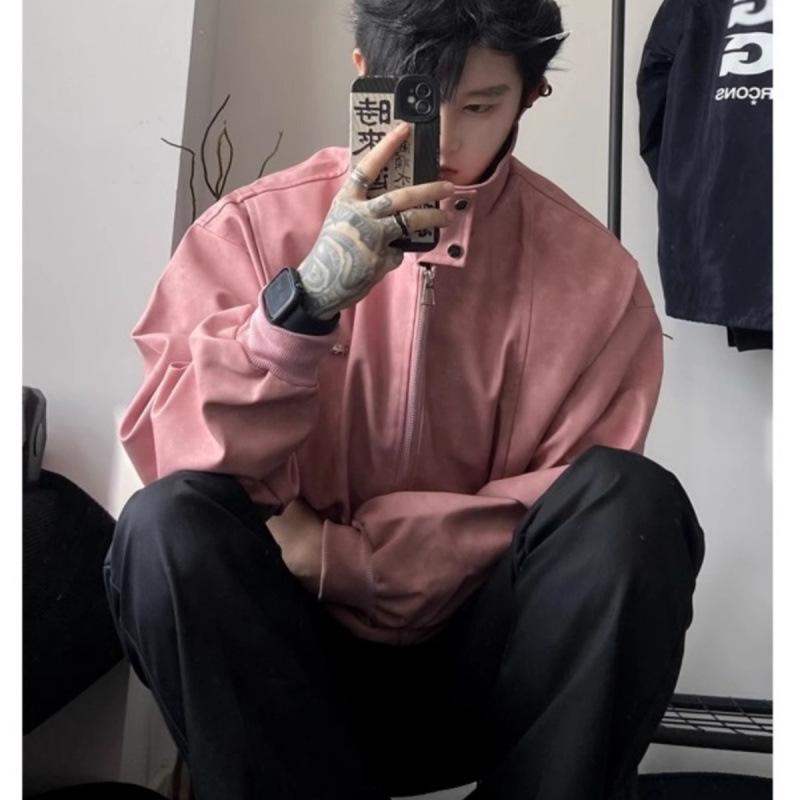 Herren Trendige Amerikanische Retro Pink Leder Motorrad Bomberjacke - High-End Frühling/Herbst Harrington Stil