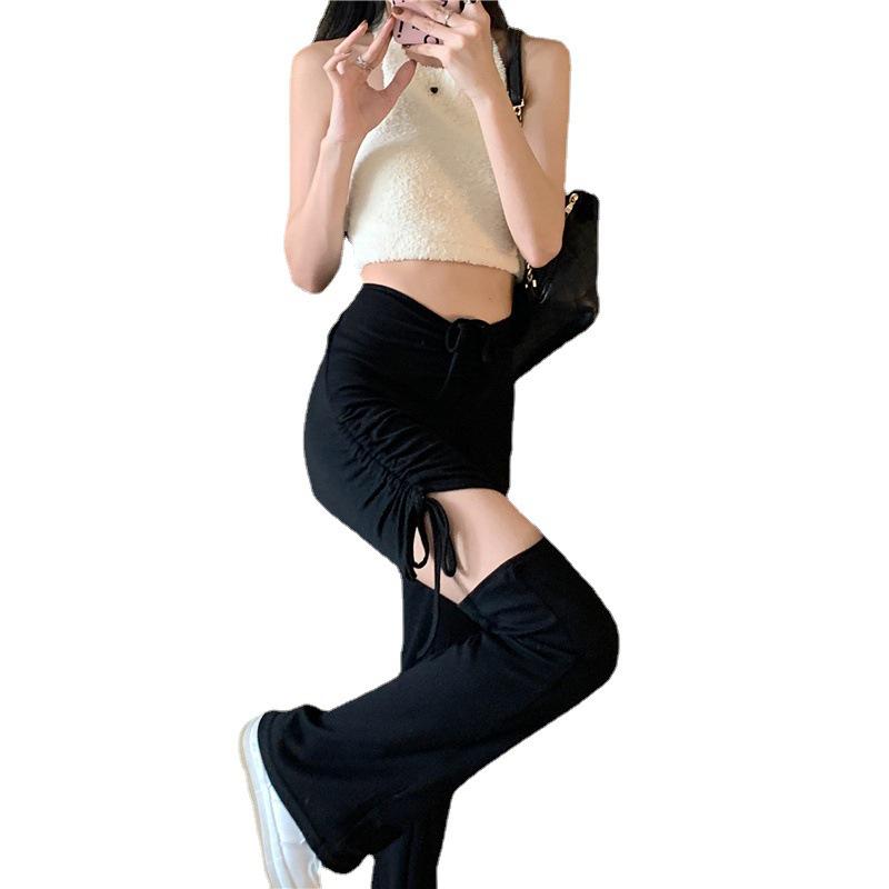 Women's Gray Ripped Micro Flare Drawstring Pants - Trendy, Versatile Summer Niche Casual Wear