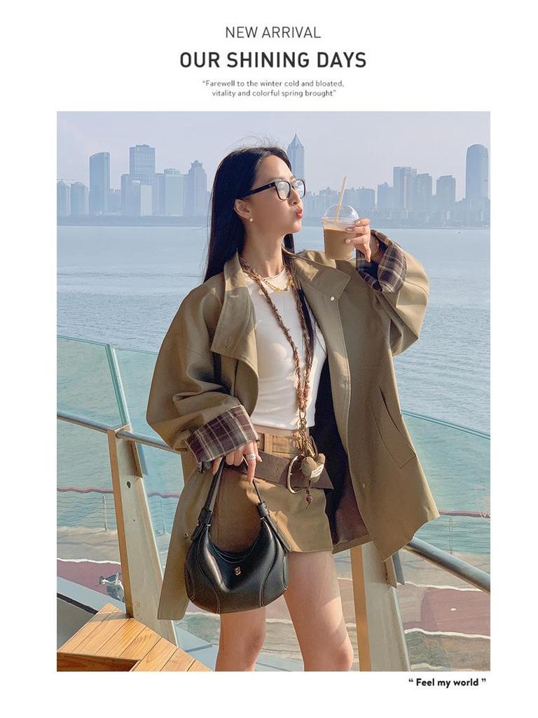 Women's Petite Color Block Short Trench Coat - 2025 Early Autumn Korean and British Style