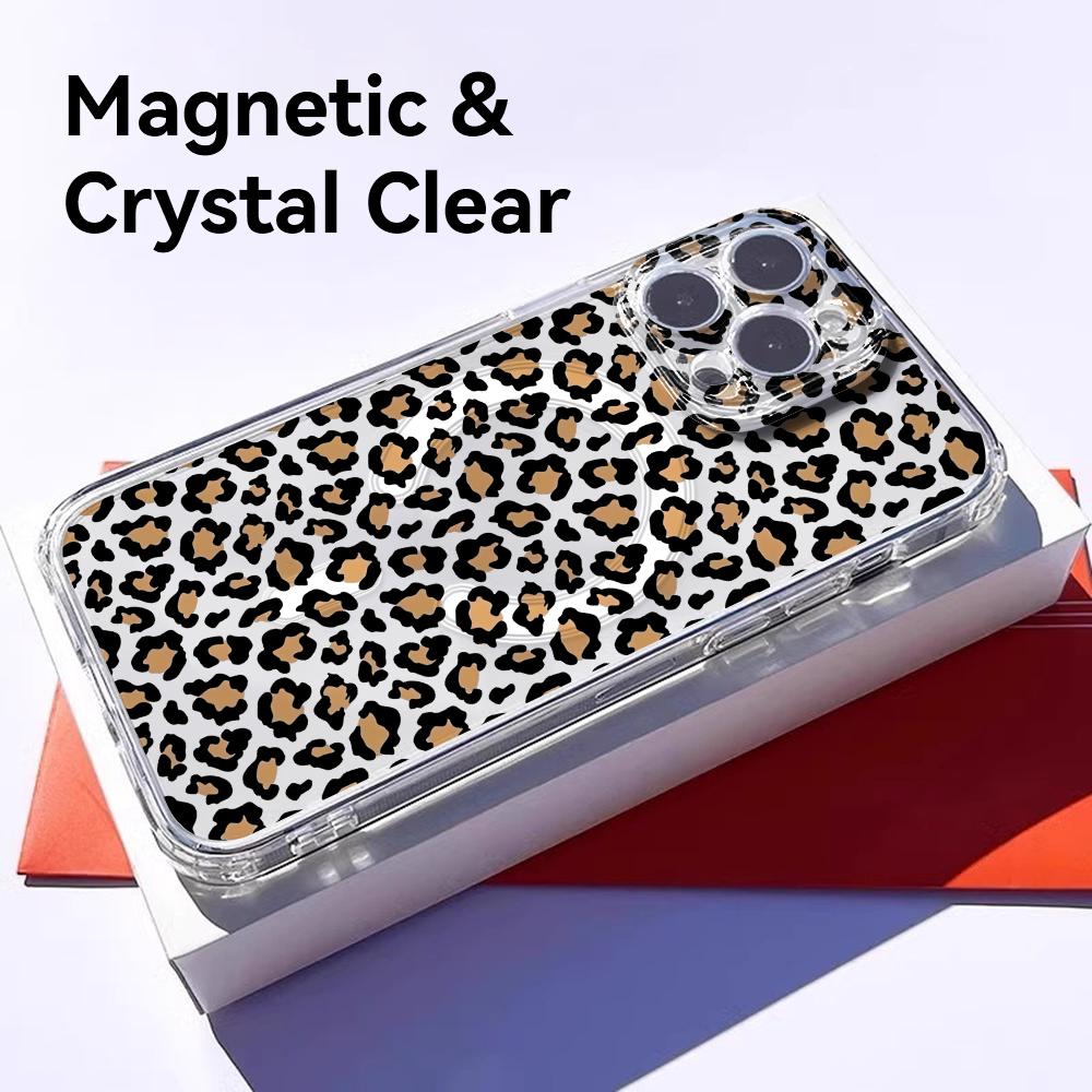 INS Leopard Print Phone Case For iPhone 17 16 15 14 13 12 Pro Max Plus With Magnetic Crystal Clear Case Wireless Charge