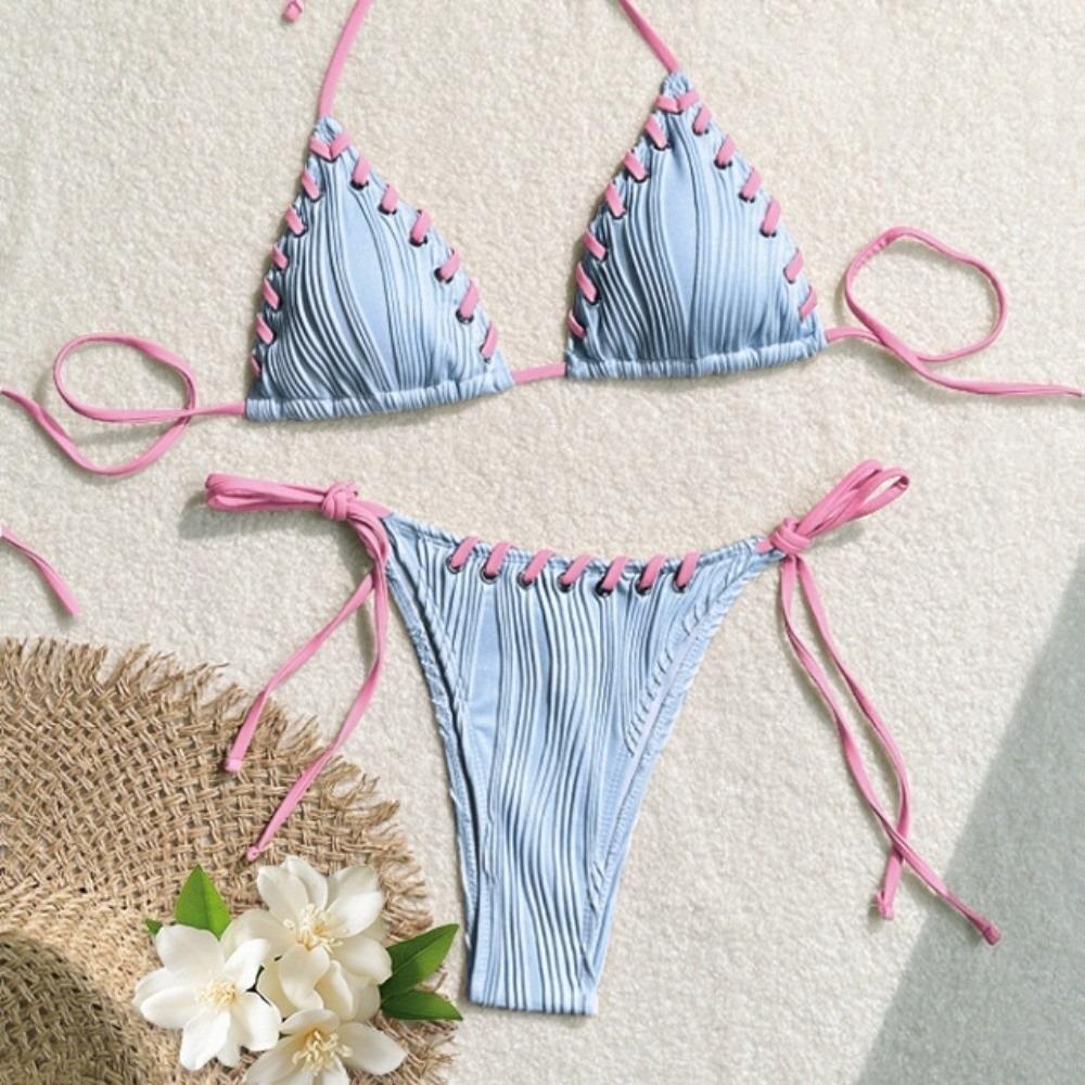 Lace Up Bikini Suit Ruffled Halter Neck Sling Swimsuit Fashion Swimwear Set  Swimming Pool