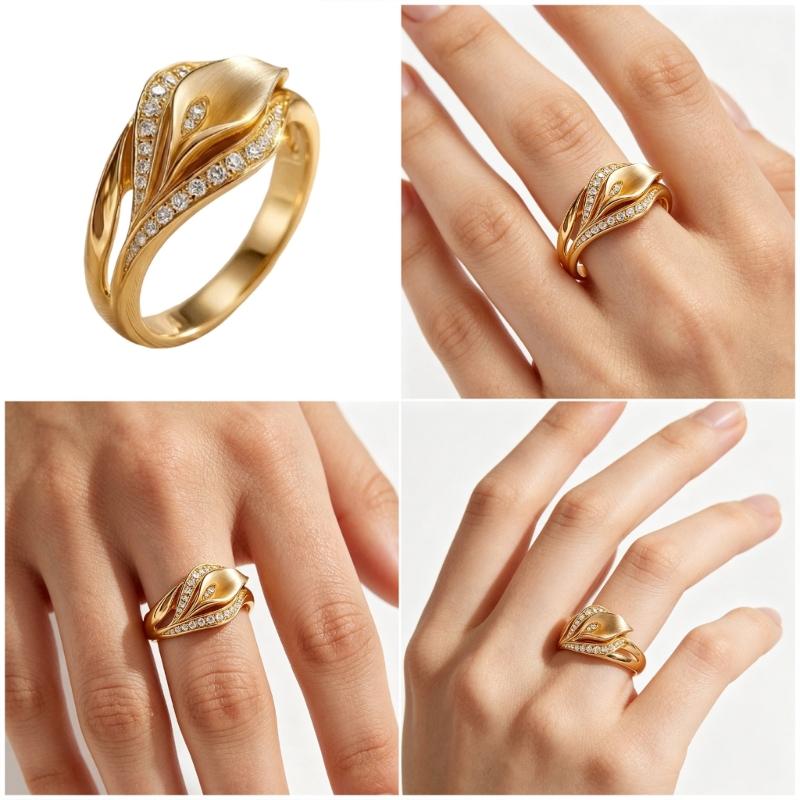 Gold Tone Floral Ring for Women, Calla Flower Zircon Fashion Jewelry with Openwork Detail for Date Night Styling