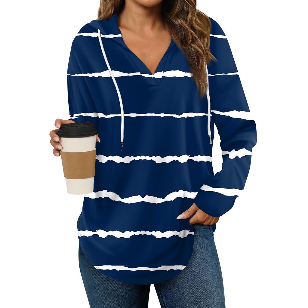 Damenmode Lässiges V-Ausschnitt Kordelzug Bedrucktes Langarm-Pullover-Oberteil