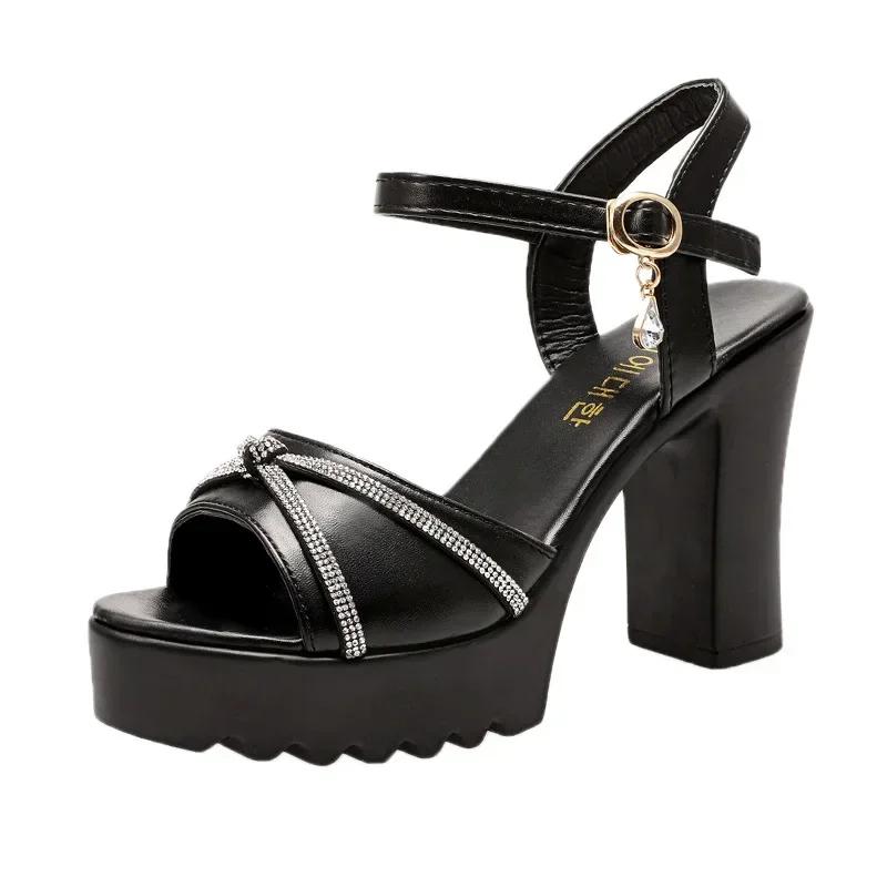 Sandale cu toc gros la modă Sandale cu platformă cu toc înalt sexy pentru femei, cu vârf deschis, cu cataramă de cristal, pantofi pentru nuntă