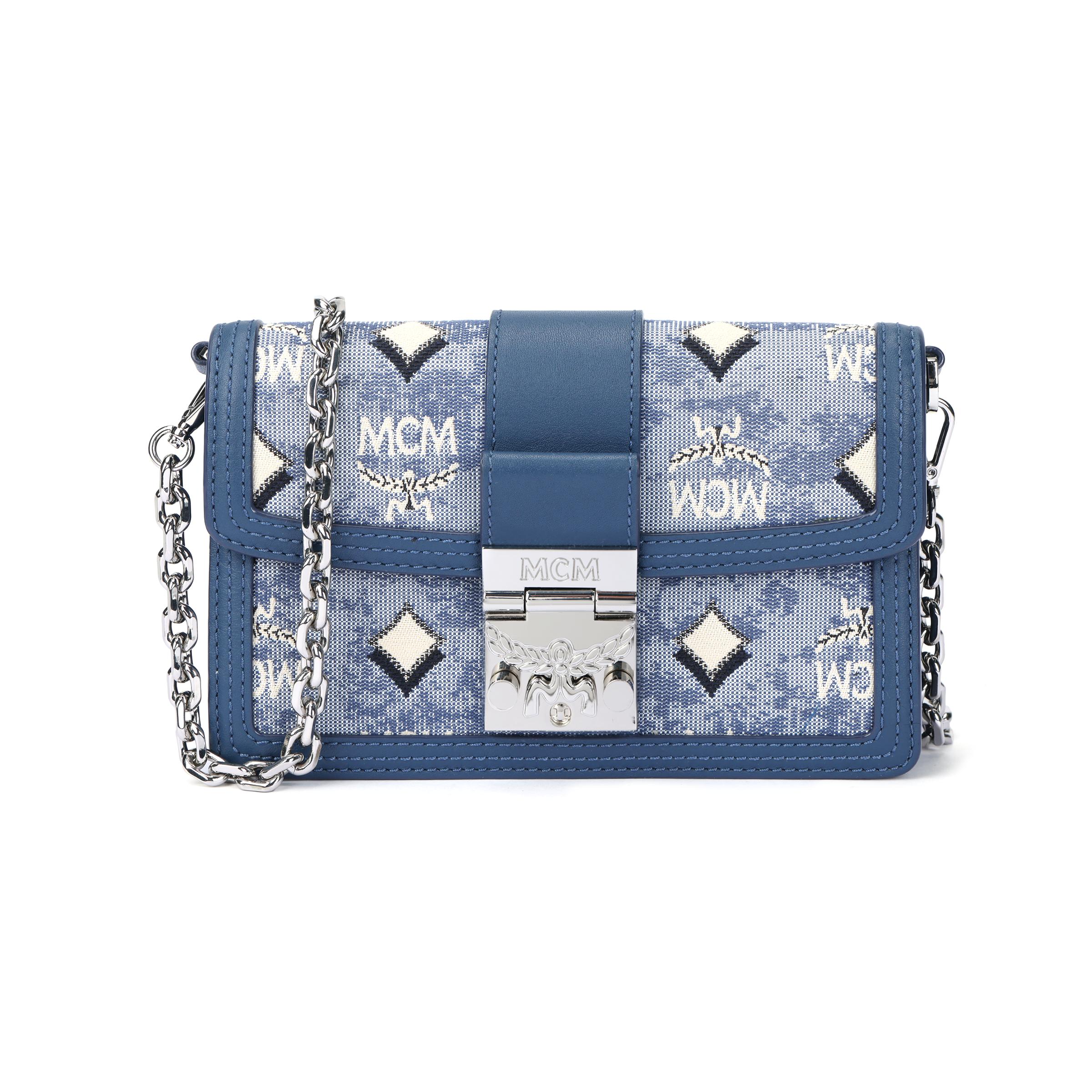 

New MCM Monogram Jacquard Textile Shoulder Bag, Crossbody Bag Mini Women s Blue MWRCSWO01LU001 18.5*4.6*10.9CM