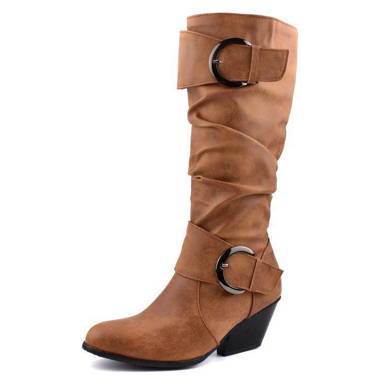Autumn and winter new wind leather high boots medium heel but knee thick heel knight boots large size boots women