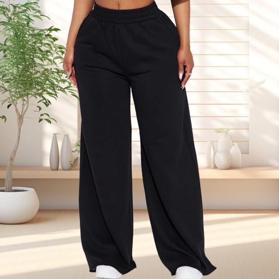 Women Casual Pants Solid Color Wide Leg Trousers with Pockets Elastic High Waist Hip Hop Style Long Pants