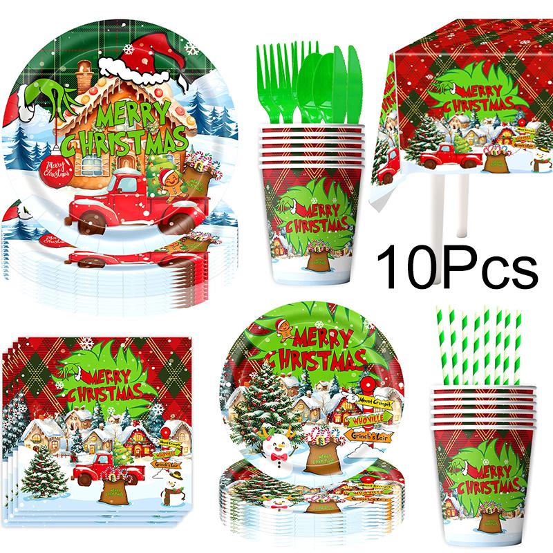1Set Disposable Tableware Set Spoon X-mas Party Decorations Party Supplies Fork Happy New Year Paper Plates Merry Christmas