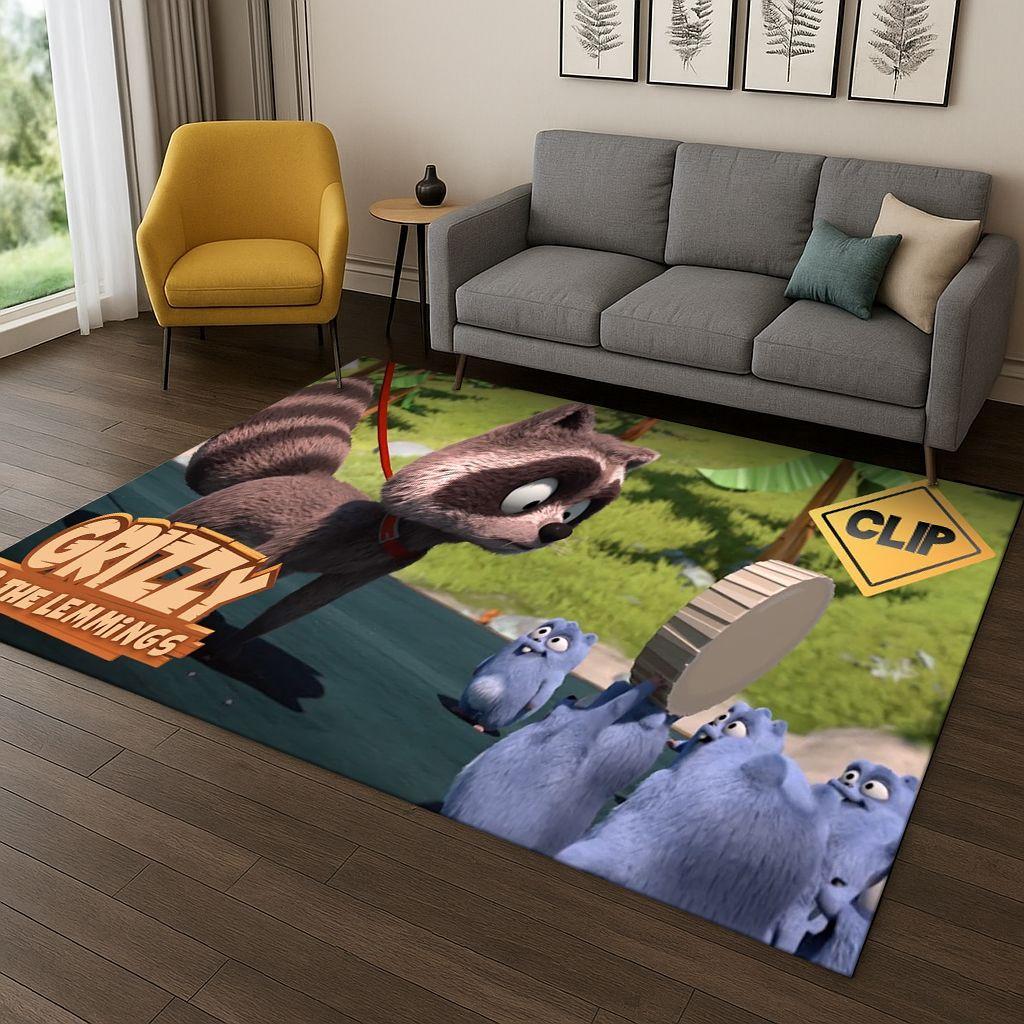3D Grizzy and The Lemmings Cartoon Carpet Rug for Bedroom Living Room Sofa Home Decor,kids Game Area Rug Non-slip Floor Mat Gift