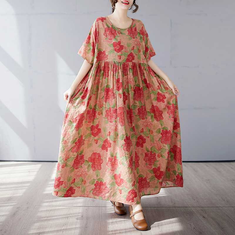 Simple and Fashionable Long Skirt Summer Short Sleeved Round Neck Printed Dress