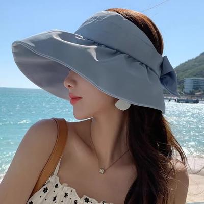 Chapéu de proteção solar de topo vazio chapéu de sol de verão feminino proteção linha roxa chapéu de sol aba grande laço chapéu de sol pescador algodão pode amarrar rabo de cavalo