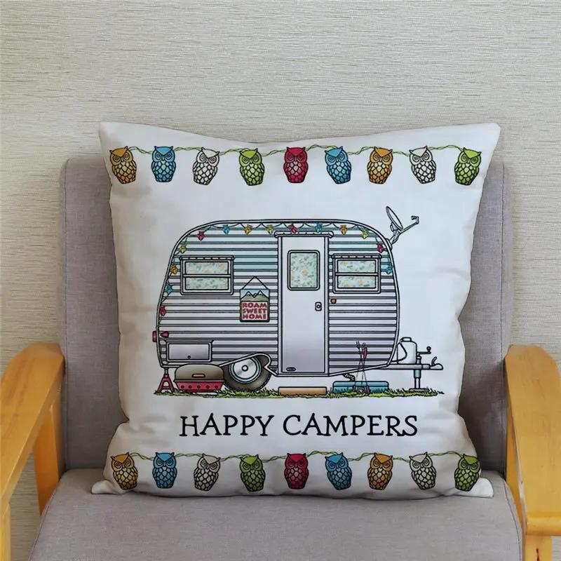 45X45Cm Happy Campers Owl Motorhome Print Pillow Case Soft Polyester Sofa Car Seat/Back Cushion Cover For Home Decor Pillowcases