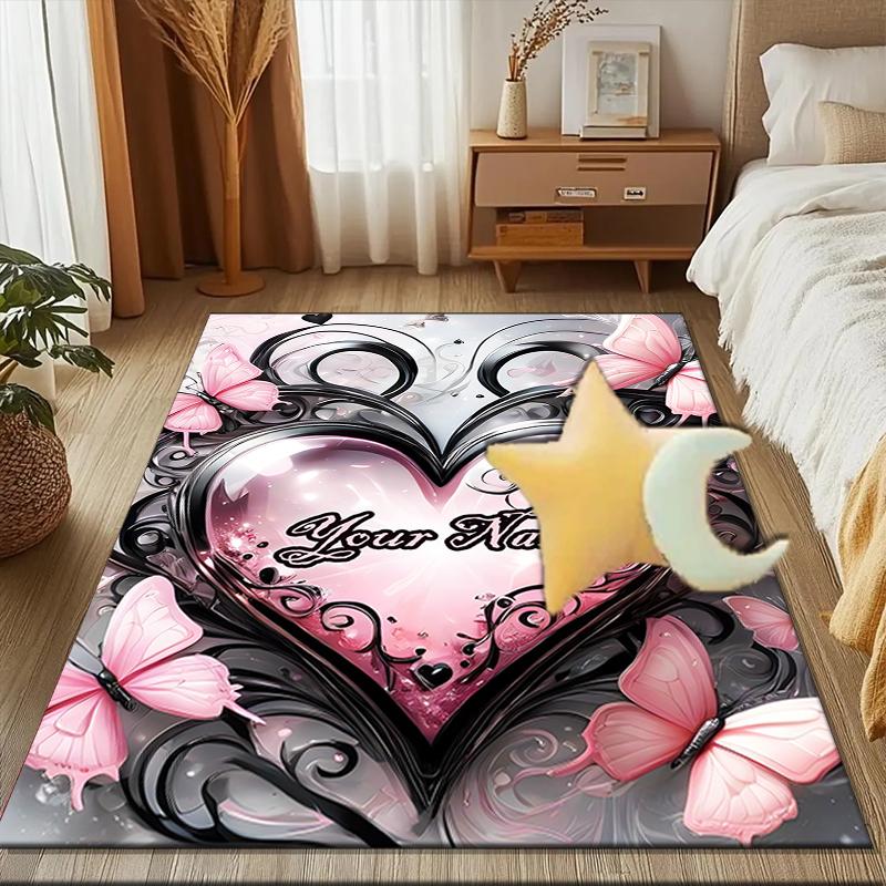 1PC Custom Name Heart Butterflies Theme Floor Mat Ideal for Living Room, Game Rooms, Office, Bedroom, Floor Mat Playful Design