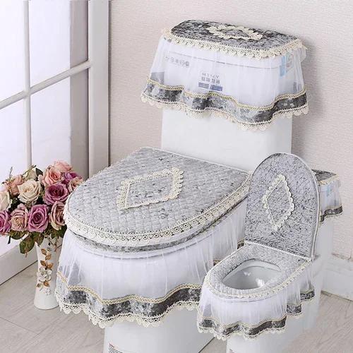 Μαξιλάρι τουαλέτας με δαντέλα Four Seasons Σετ καθίσματος τουαλέτας με εκτύπωση φανέλας τριών τεμαχίων με φερμουάρ σε σχήμα U Beauty κάλυμμα για τη σκόνη τουαλέτας