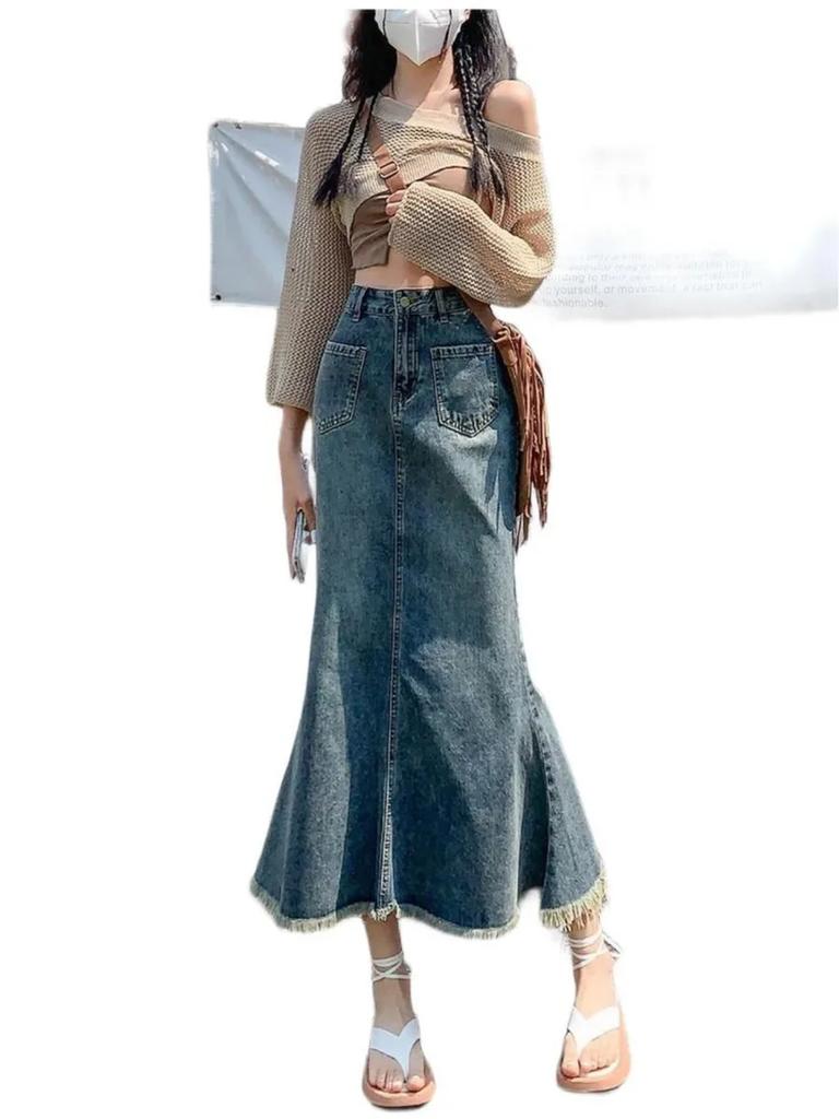 Irregular A-line Slim Skirt Spring And Summer High-end Elastic Waist Versatile Denim Skirt Women's Trendy Mid-length Skirt
